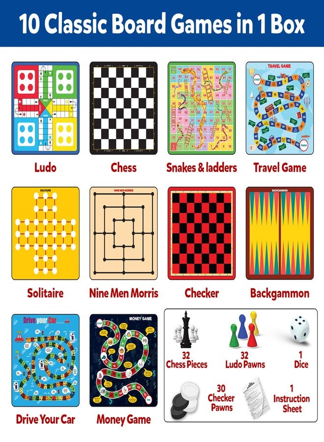 Little Berry 10 in 1 Classic Board Games Set for Kids & Family | Includes Ludo, Chess, Snakes & Ladders, Checkers, Backgammon & More | Indoor Strategy Games, Fun Educational Gift for 5+ Years - Image 2