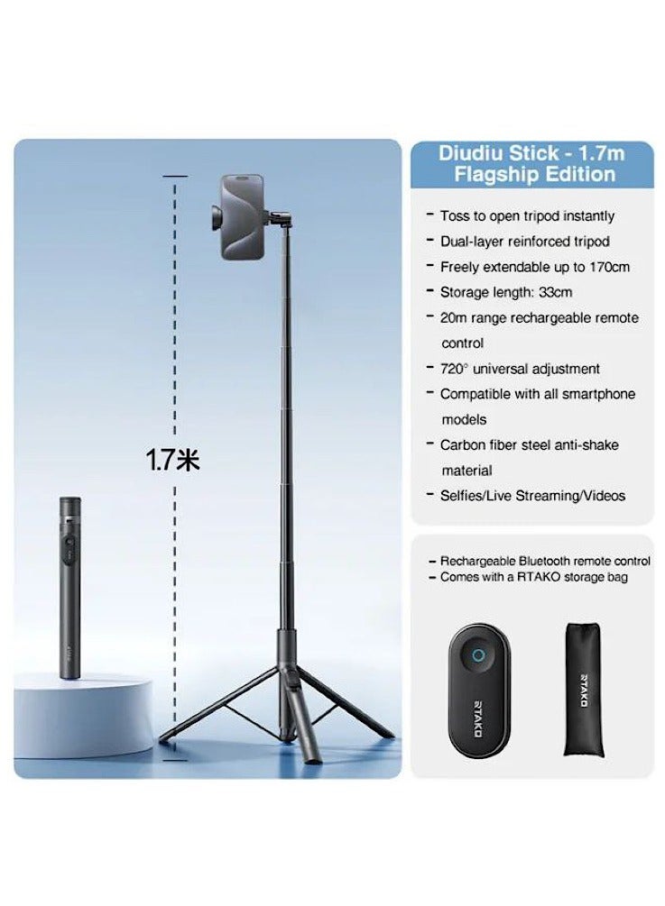 RTAKO Oth-AB226 Bluetooth Selfie Stick Tripod 170 cm with 720° Rotation, Auto-Opening Tripod, 20 m Rechargeable Remote, Compact Carbon Steel Design - Image 4