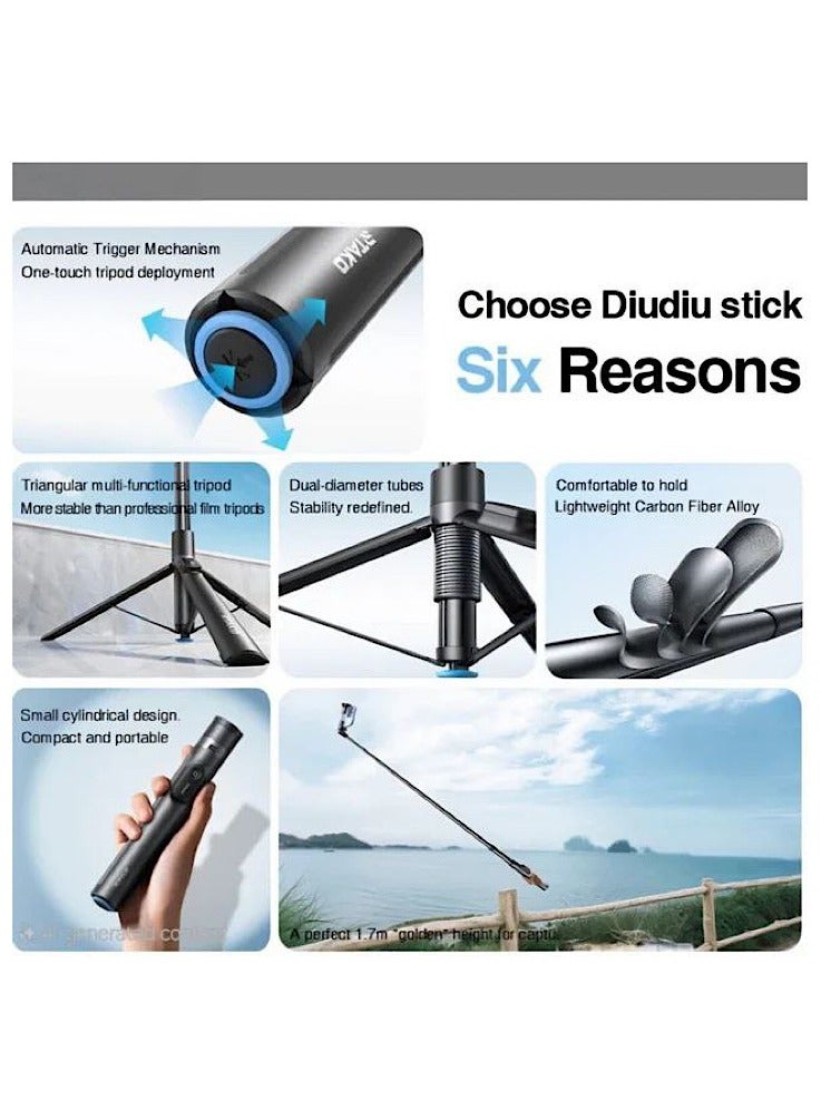 RTAKO Oth-AB226 Bluetooth Selfie Stick Tripod 170 cm with 720° Rotation, Auto-Opening Tripod, 20 m Rechargeable Remote, Compact Carbon Steel Design - Image 5