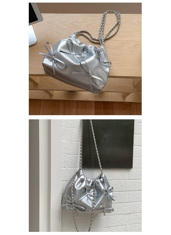 xozgdovg - Spring Bow Chain Bag Women's Small Fresh Shoulder Bag Female Niche Soft Leather Pleated Bucket Bag - Image 1