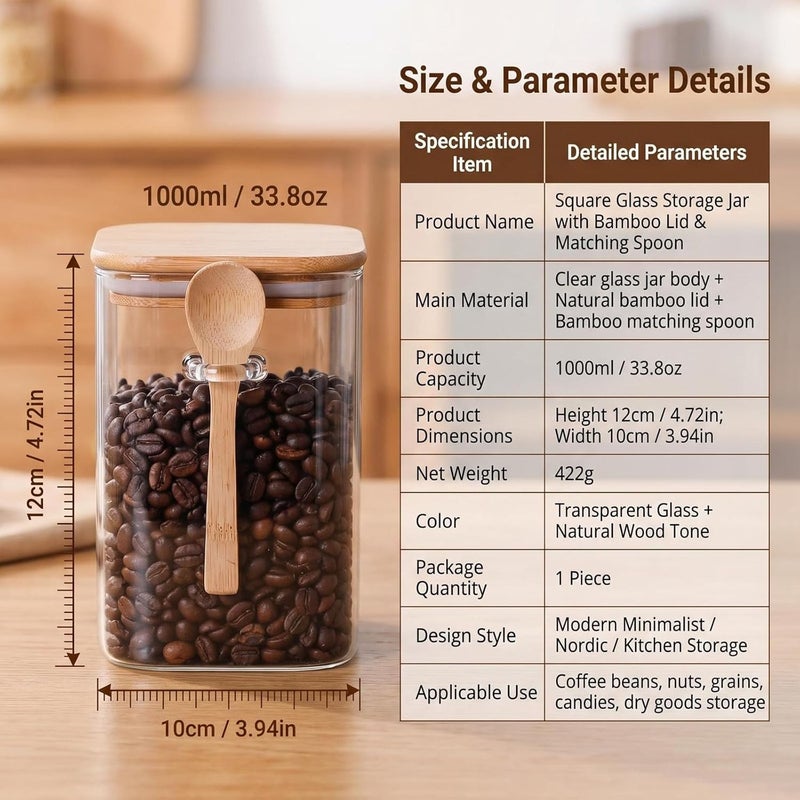 UPSTORE 1000ml Glass Food Storage Jar Clear Square Stackable Glass Canister with Airtight Seal Wood Lids and Spoon Kitchen Storage Container for Coffee Bean Tea Spice Bottle Cookies Nuts Snack Candy Jar - Image 2