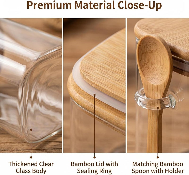 UPSTORE 1000ml Glass Food Storage Jar Clear Square Stackable Glass Canister with Airtight Seal Wood Lids and Spoon Kitchen Storage Container for Coffee Bean Tea Spice Bottle Cookies Nuts Snack Candy Jar - Image 4