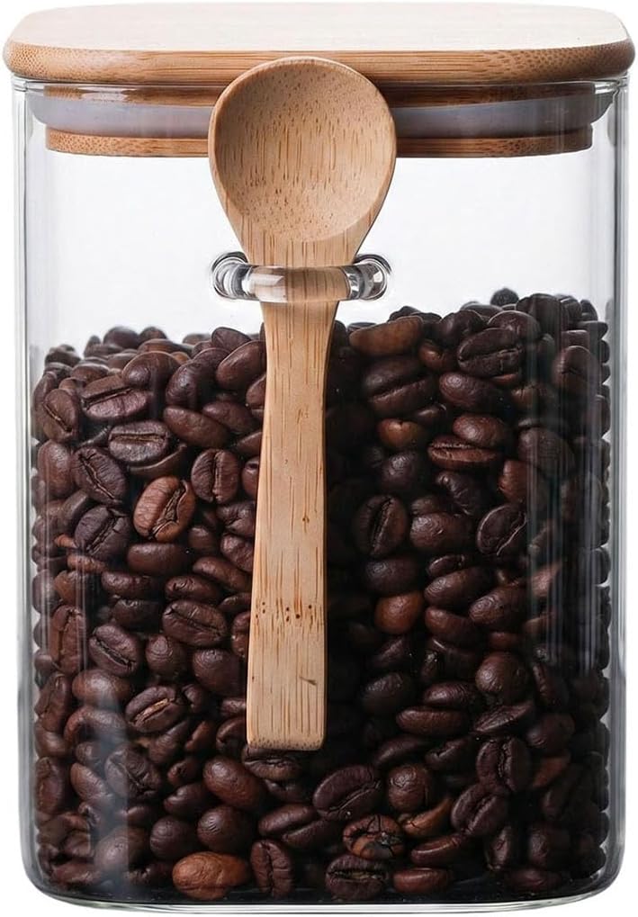 UPSTORE 1000ml Glass Food Storage Jar Clear Square Stackable Glass Canister with Airtight Seal Wood Lids and Spoon Kitchen Storage Container for Coffee Bean Tea Spice Bottle Cookies Nuts Snack Candy Jar - Image 1