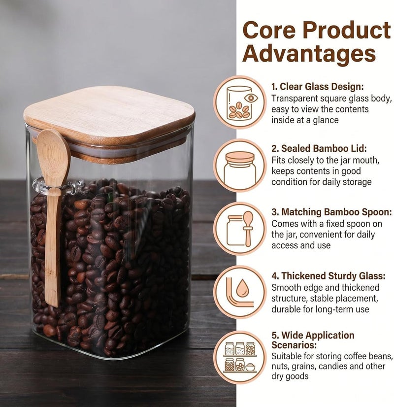 UPSTORE 1000ml Glass Food Storage Jar Clear Square Stackable Glass Canister with Airtight Seal Wood Lids and Spoon Kitchen Storage Container for Coffee Bean Tea Spice Bottle Cookies Nuts Snack Candy Jar - Image 3