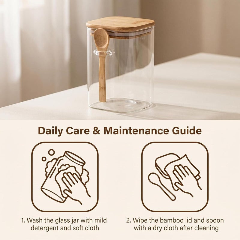 UPSTORE 1000ml Glass Food Storage Jar Clear Square Stackable Glass Canister with Airtight Seal Wood Lids and Spoon Kitchen Storage Container for Coffee Bean Tea Spice Bottle Cookies Nuts Snack Candy Jar - Image 5