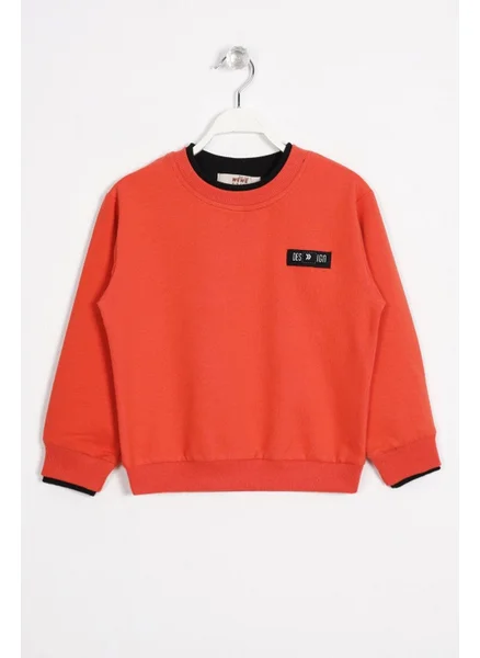 Zepkids Brick Color Boy's Sweatshirt with Garnished Collar and Sleeves