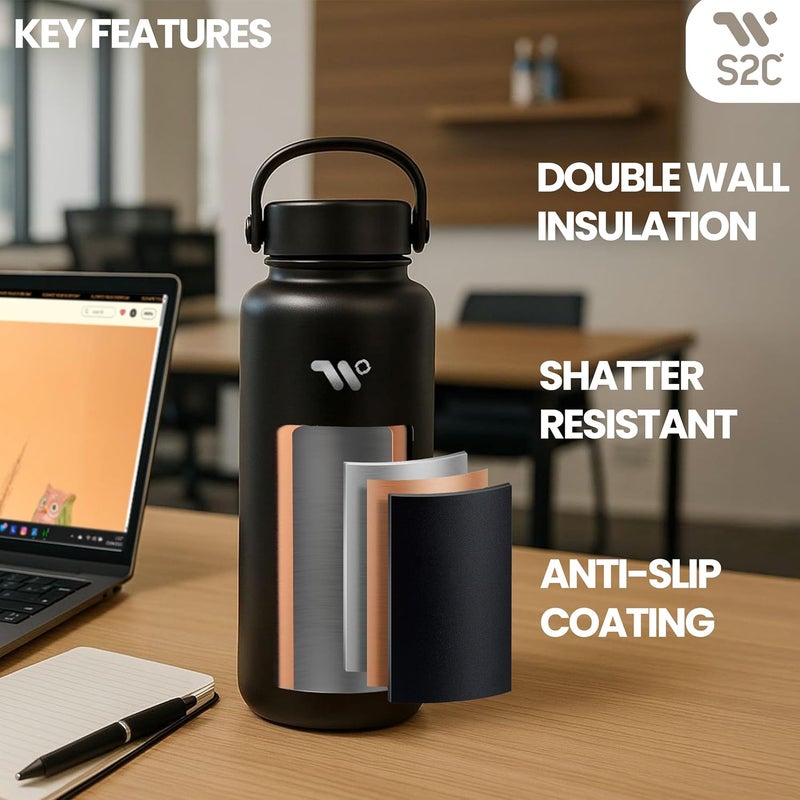 S2C 1200ml Stainless Steel Insulated Water Bottle - Keeps Drinks Cold 24H & Hot 12H, Leakproof, 3 Lids for Camping & Outdoor Adventures (SEA GREEN) - Image 4