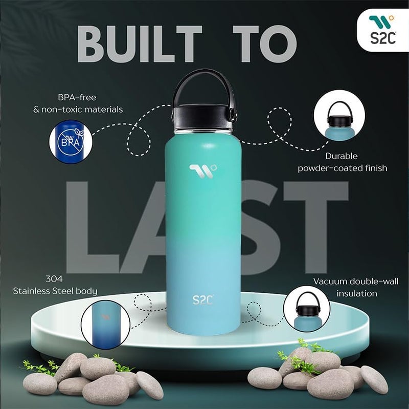S2C 1200ml Stainless Steel Insulated Water Bottle - Keeps Drinks Cold 24H & Hot 12H, Leakproof, 3 Lids for Camping & Outdoor Adventures (SEA GREEN) - Image 2