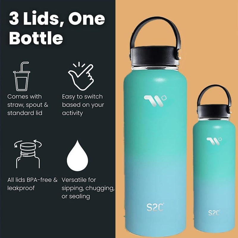 S2C 1200ml Stainless Steel Insulated Water Bottle - Keeps Drinks Cold 24H & Hot 12H, Leakproof, 3 Lids for Camping & Outdoor Adventures (SEA GREEN) - Image 3