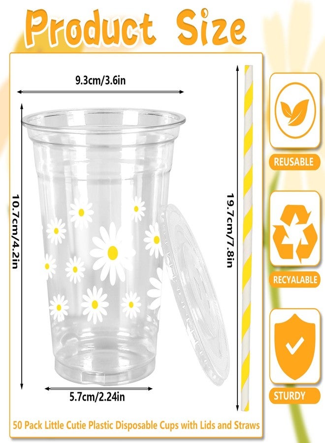 JarThenaAMCS 50Pcs Daisy Plastic Cups with Lids and Straws White Yellow Flower Clear Plastic Cups 12oz Disposable Cups for Birthday Wedding Spring Party Supplies - Image 2