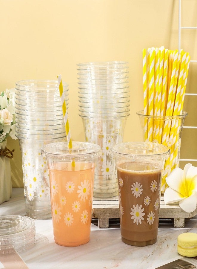 JarThenaAMCS 50Pcs Daisy Plastic Cups with Lids and Straws White Yellow Flower Clear Plastic Cups 12oz Disposable Cups for Birthday Wedding Spring Party Supplies - Image 5