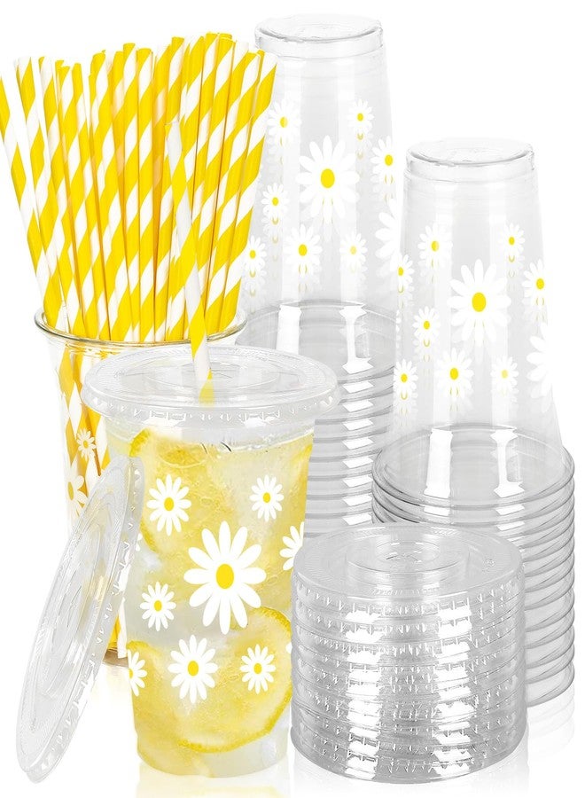 JarThenaAMCS 50Pcs Daisy Plastic Cups with Lids and Straws White Yellow Flower Clear Plastic Cups 12oz Disposable Cups for Birthday Wedding Spring Party Supplies - Image 1