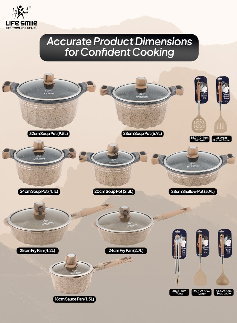 Life Smile Granite Nonstick Cookware Set with Kitchen Utensils | Multi-Size Pots & Pans Set Includes Soup Pots (20/24/28/32cm), 28cm Shallow Pot, 18cm Saucepan,24 & 28cm Fry Pans | PFOA-Free, Induction Base Cookware - Image 5
