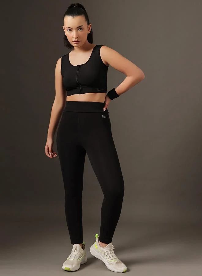 كلوفيا Black Solid High-Rise Textured Activewear Leggings
