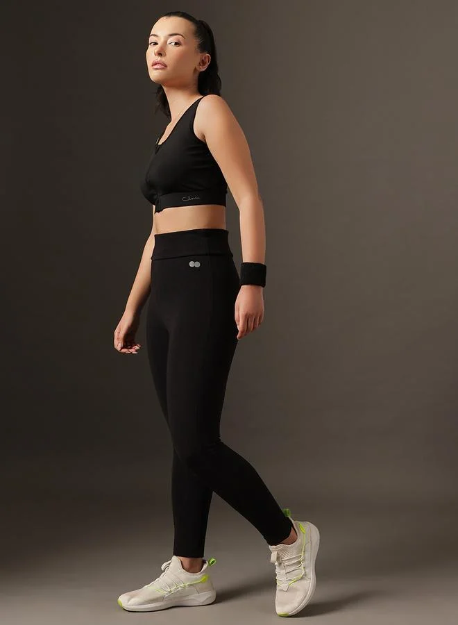 كلوفيا Black Solid High-Rise Textured Activewear Leggings