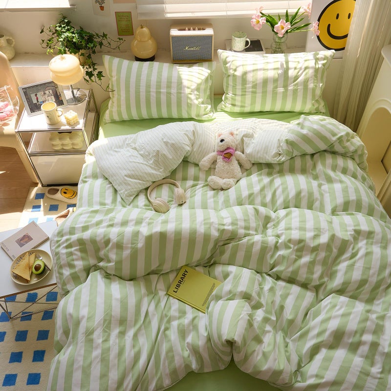 MOTNTD Green Striped Duvet Cover Twin XL Boho Cute Comforter Cover Twin XL Farmhouse Coquette Vintage Soft Duvet Cover Set with 2 Pillowcases College Bedding for Boys Washed Microfiber Duvet Protector - Image 1