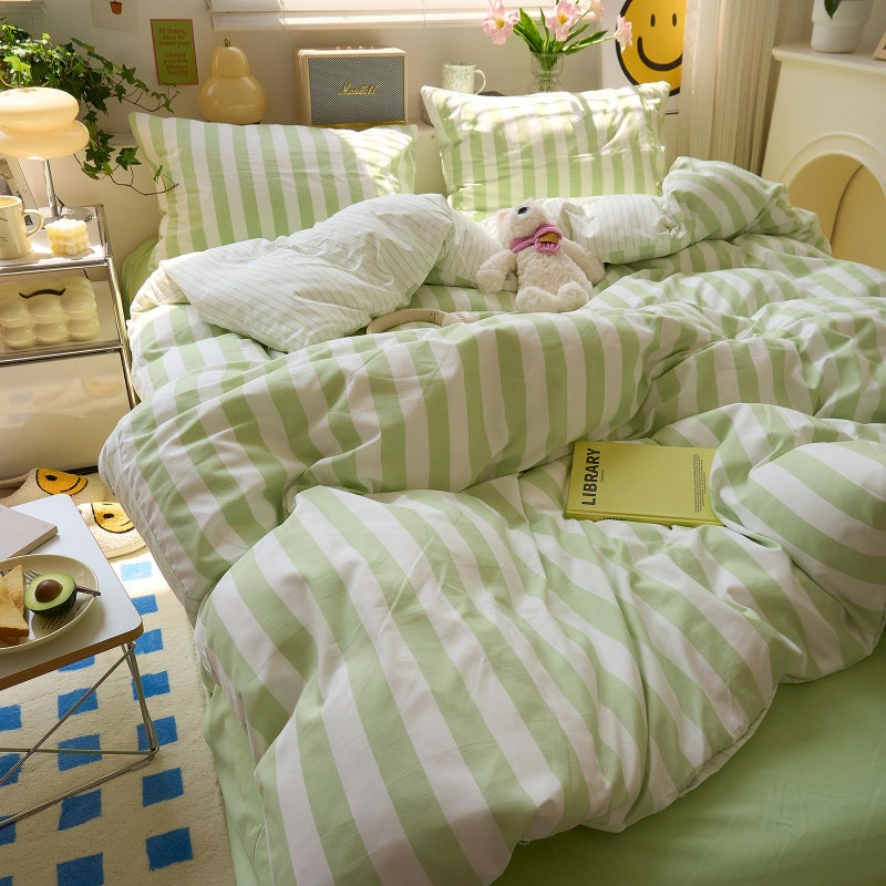 MOTNTD Green Striped Duvet Cover Twin XL Boho Cute Comforter Cover Twin XL Farmhouse Coquette Vintage Soft Duvet Cover Set with 2 Pillowcases College Bedding for Boys Washed Microfiber Duvet Protector - Image 2