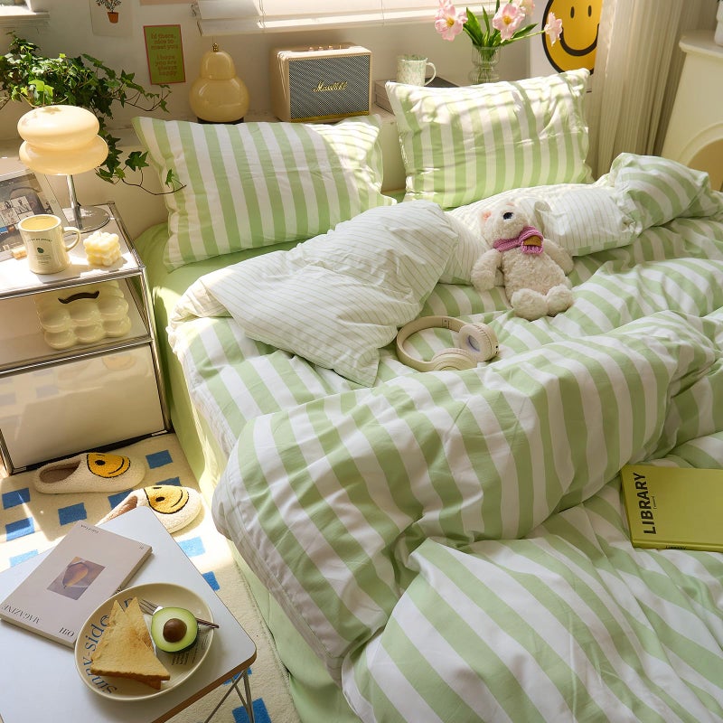 MOTNTD Green Striped Duvet Cover Twin XL Boho Cute Comforter Cover Twin XL Farmhouse Coquette Vintage Soft Duvet Cover Set with 2 Pillowcases College Bedding for Boys Washed Microfiber Duvet Protector - Image 3