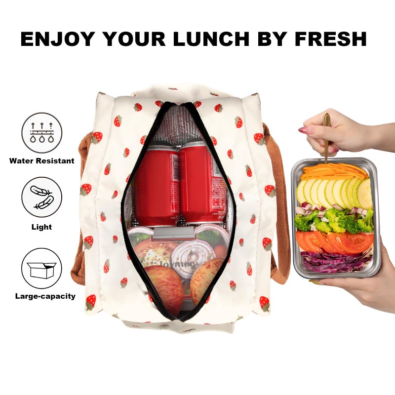 Joymee Lunch Bag Women Insulated Lunch Box Reusable Leakproof Large Spacious Cooler Tote for Women Men Adult with Bottle Holder and Side Pockets for Work Office Travel Picnic - Strawberry - Image 3