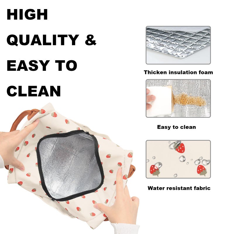 Joymee Lunch Bag Women Insulated Lunch Box Reusable Leakproof Large Spacious Cooler Tote for Women Men Adult with Bottle Holder and Side Pockets for Work Office Travel Picnic - Strawberry - Image 4