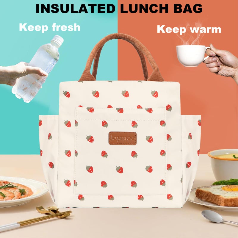 Joymee Lunch Bag Women Insulated Lunch Box Reusable Leakproof Large Spacious Cooler Tote for Women Men Adult with Bottle Holder and Side Pockets for Work Office Travel Picnic - Strawberry - Image 2