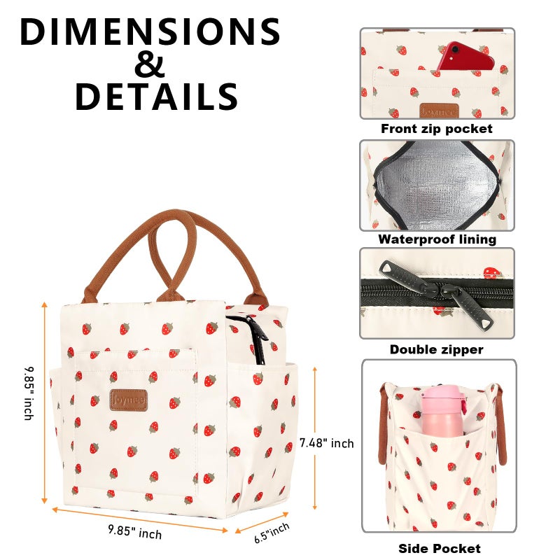 Joymee Lunch Bag Women Insulated Lunch Box Reusable Leakproof Large Spacious Cooler Tote for Women Men Adult with Bottle Holder and Side Pockets for Work Office Travel Picnic - Strawberry - Image 5