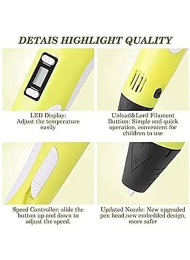 JAJEEK 3D Printing Pen with LCD Display – Compatible with 1.75mm PLA/ABS Filament – USB-Powered, Adjustable Temperature, Perfect for Kids & Beginners – Creative Drawing & DIY Art – Yellow - Image 3