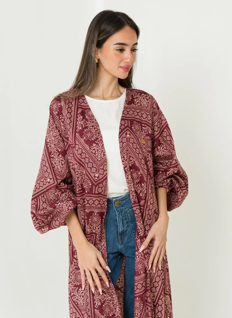 Kaafmeem Maroon Bandana Puffed Sleeves Abaya