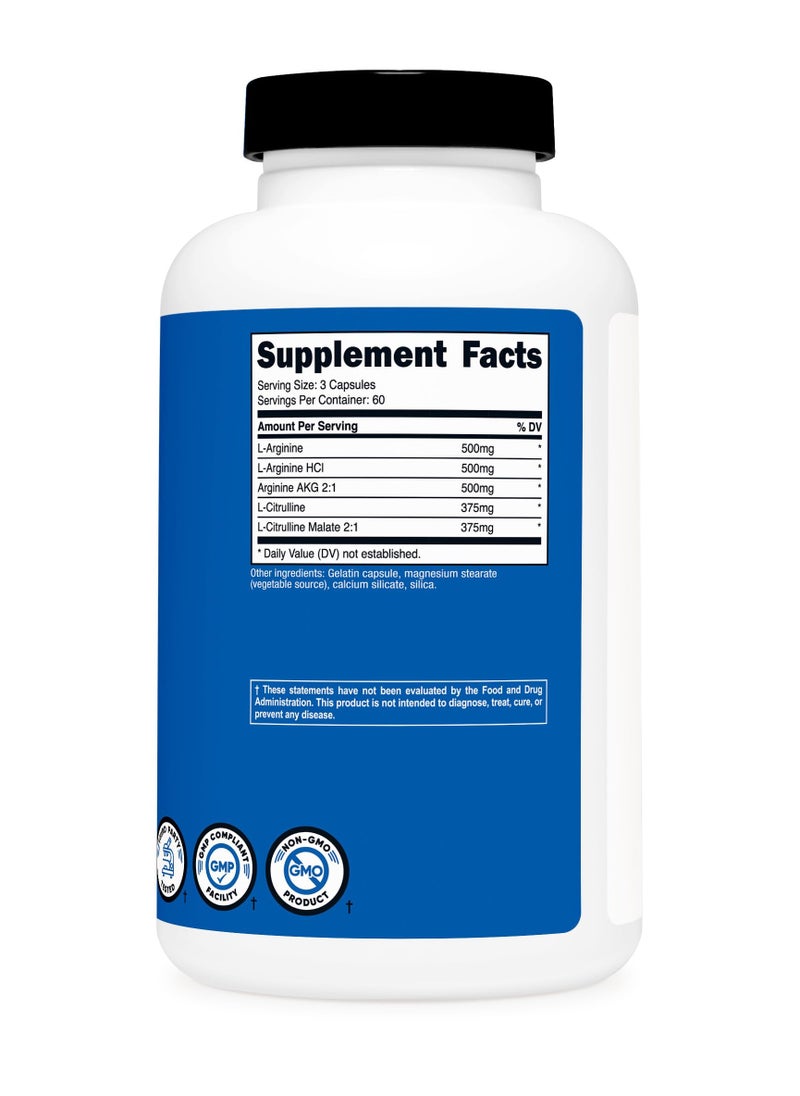 Nutricost - Nitric Oxide Booster(L-Arginine/L-Arginine HCI/Arginine AKG 2:1 L-Citrulline/L-Citrulline Malate 2:1)2250mg Per Serving, 180 Capsules 60 Servings, Dietary Supplement - Image 1
