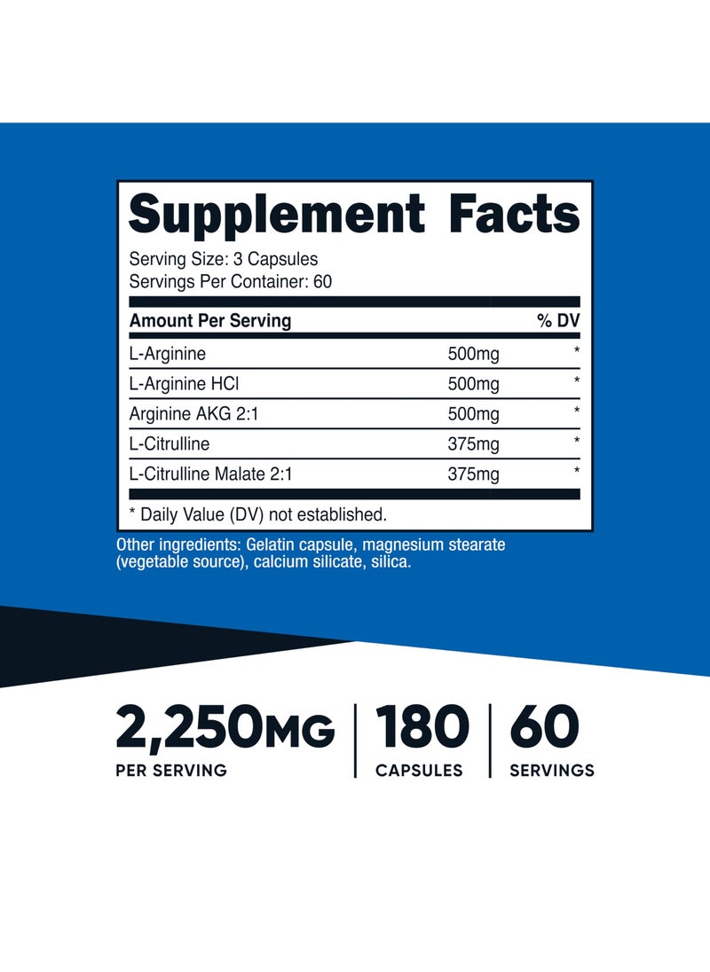 Nutricost - Nitric Oxide Booster(L-Arginine/L-Arginine HCI/Arginine AKG 2:1 L-Citrulline/L-Citrulline Malate 2:1)2250mg Per Serving, 180 Capsules 60 Servings, Dietary Supplement - Image 1