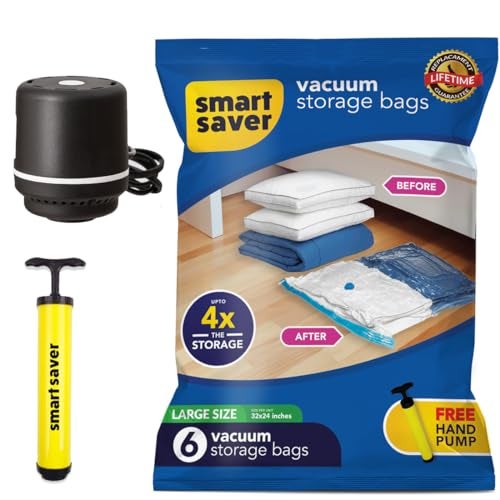 Smart Saver Polyamide Polyethylene Vacuum Compression Bags|Vacuum Storage Bags|Vacuum Bags For Travel|Space Saver Vacuum Bags(6Large + Electric And Manual Pump),White - Image 1