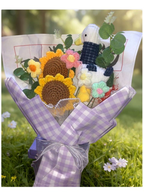 Handmade Crochet Sunflowers and Roses Artificial Flower Bouquet - Unique Gift for Home Decor, Weddings, Birthdays