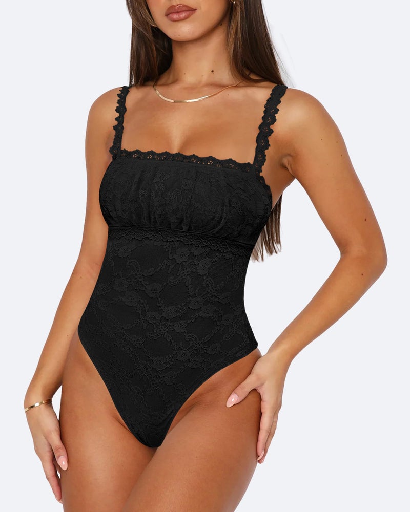 Saslax Women's Sexy Square Neck Lace Sleeveless Bodysuit Tank Tops Double Lined Thong Body Suit Going Out Outfits Black S - Image 2