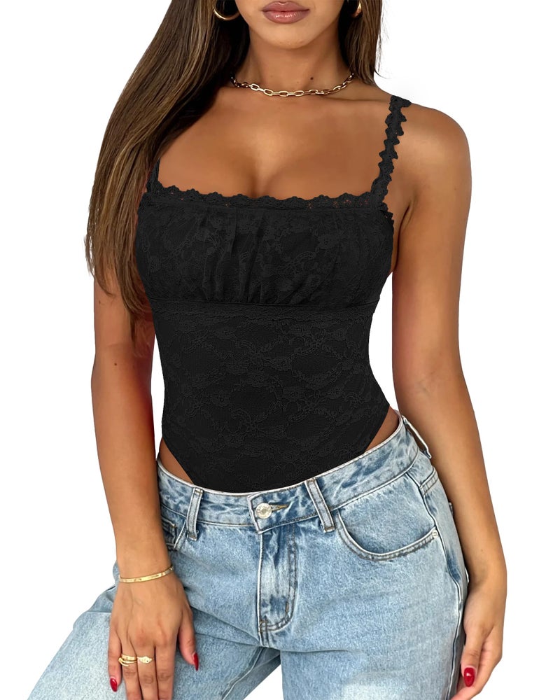 Saslax Women's Sexy Square Neck Lace Sleeveless Bodysuit Tank Tops Double Lined Thong Body Suit Going Out Outfits Black S - Image 1
