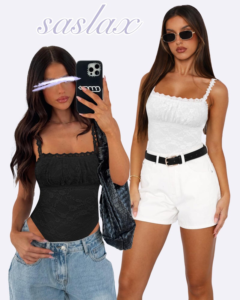 Saslax Women's Sexy Square Neck Lace Sleeveless Bodysuit Tank Tops Double Lined Thong Body Suit Going Out Outfits Black S - Image 3