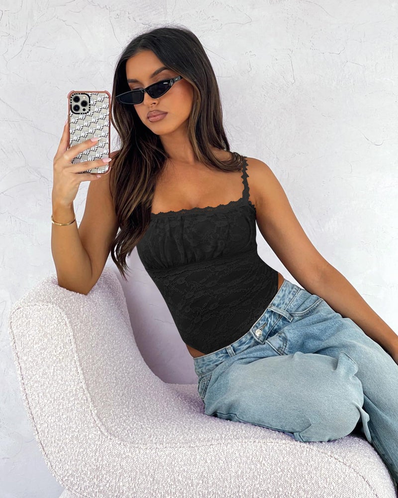 Saslax Women's Sexy Square Neck Lace Sleeveless Bodysuit Tank Tops Double Lined Thong Body Suit Going Out Outfits Black S - Image 5
