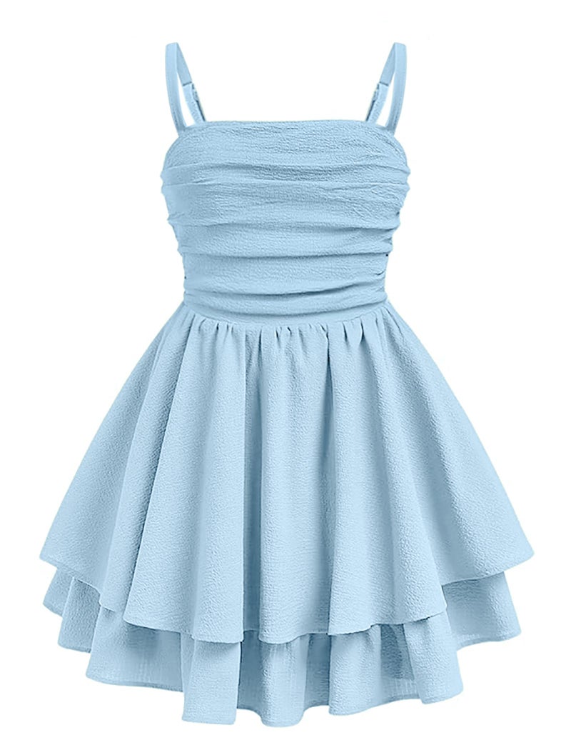 EXARUS Girls Dress Blue Teen Formal Homecoming Dance Special Occasions Casual Tween Ruched Flowy Ruffle Hem Spaghetti Strap Adjustable Mini Dresses Cami for 12 Years