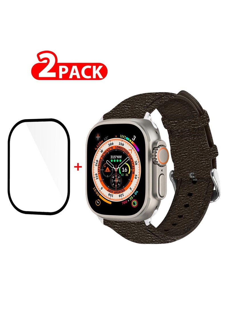 CATANES 2 Packs For Apple Watch Band 49mm Leather Band Buckle Strap Wristband and 3D Screen Protector Choccolaty  - Image 1