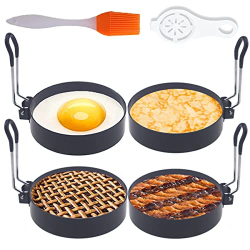 WOWITIS Upgrade 4'' Large Egg Rings Set Griddle,4 Packs Stainless Steel Round Egg Maker Mold Egg Shaper Circle Pancake Ring Omelete Rings Anti-scalding Grill 1X Oil Brush &1X Egg Separator White - Image 1