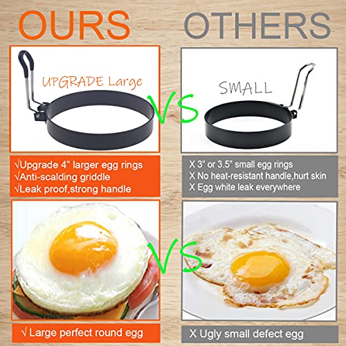 WOWITIS Upgrade 4'' Large Egg Rings Set Griddle,4 Packs Stainless Steel Round Egg Maker Mold Egg Shaper Circle Pancake Ring Omelete Rings Anti-scalding Grill 1X Oil Brush &1X Egg Separator White - Image 2