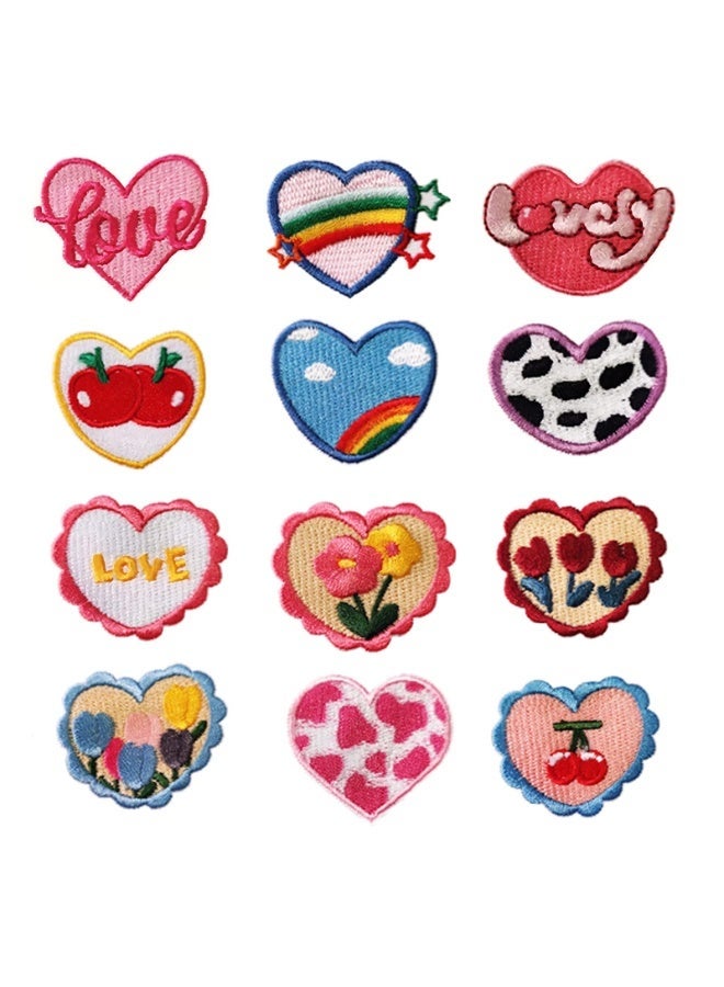 Peachjoy رقع قلوب مطرزة ذاتية اللصق للتزيين، 12 قطعة نمط لطيف من رقع قلوب التطريز، رقع DIY للملابس، رقع على شكل قلب للحقائب والخيام والتي شيرت والجينز والتنانير والسترات والقبعات - Image 1