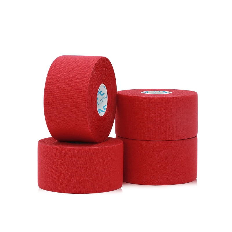 شريط OK TAPE الرياضي 4 عبوات 45 قدم لكل لفة شريط قوي جداً للرياضيين ومدربي الرياضة والإسعافات الأولية لتغطية الإصابات مثالي للأصابع والكاحلين والمعصم على عصا الهوكي الحمراء