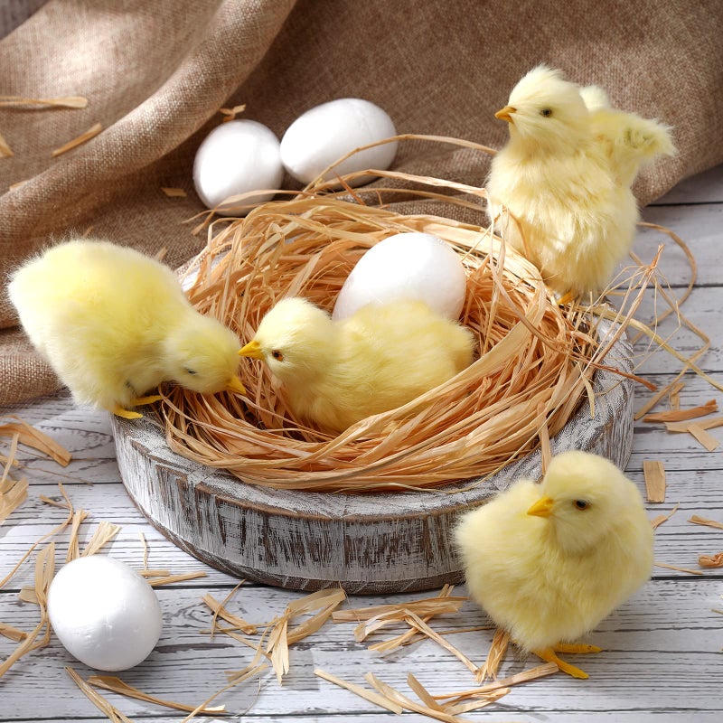 Sinmoe 9 Pcs Spring Easter Chicken Decoration Set 4 Pcs Realistic Plush Little Chick Figurine Fluffy Chicks 4 Pcs Craft Foam Egg 1 Bag Yellow Easter Grass for Photography DIY Crafting Easter Hunt Party - Image 1