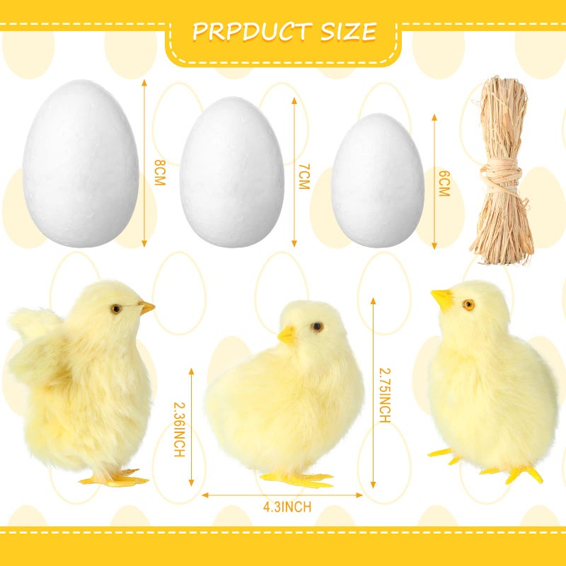 Sinmoe 9 Pcs Spring Easter Chicken Decoration Set 4 Pcs Realistic Plush Little Chick Figurine Fluffy Chicks 4 Pcs Craft Foam Egg 1 Bag Yellow Easter Grass for Photography DIY Crafting Easter Hunt Party - Image 2