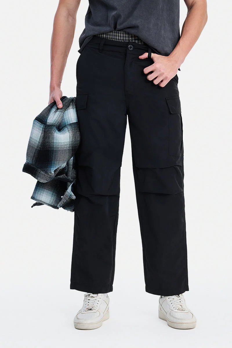 SNITCH Black Solid Loose Fit Streetwear Cargo