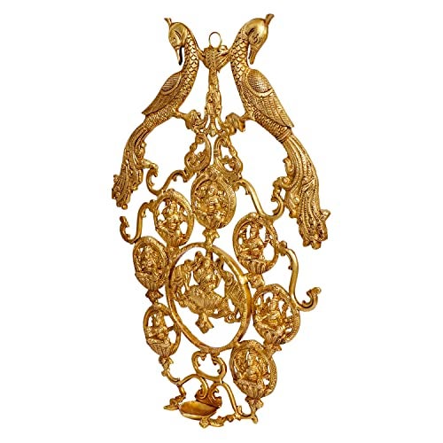 ARTVARKO Brass Ashtalakshmi | Ashta Lakshmi Diya with Peacock Wall Hanging for Diwali Pooja Mandir Temple Office Décor Gift Gold Color Height 18 Inch - Image 3