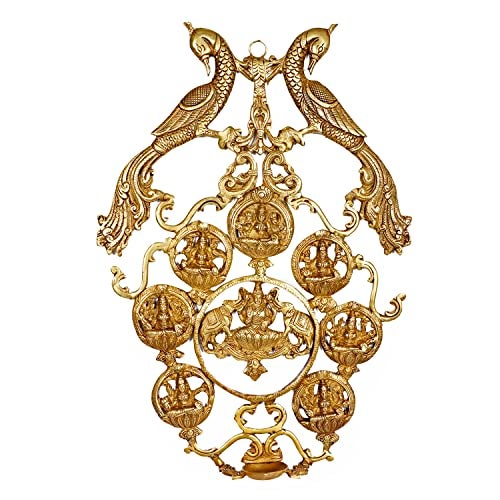 ARTVARKO Brass Ashtalakshmi | Ashta Lakshmi Diya with Peacock Wall Hanging for Diwali Pooja Mandir Temple Office Décor Gift Gold Color Height 18 Inch - Image 1