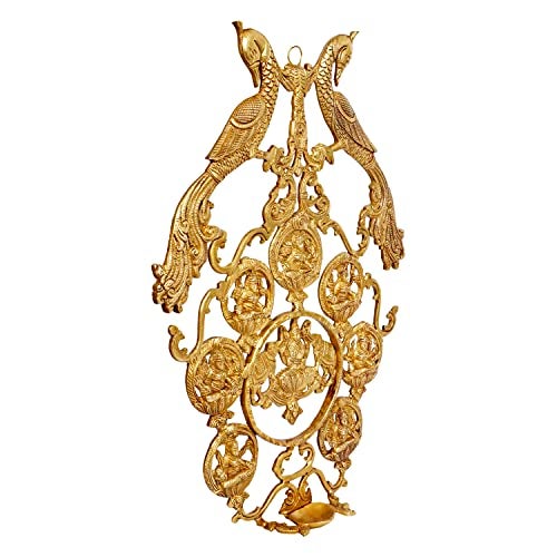 ARTVARKO Brass Ashtalakshmi | Ashta Lakshmi Diya with Peacock Wall Hanging for Diwali Pooja Mandir Temple Office Décor Gift Gold Color Height 18 Inch - Image 2