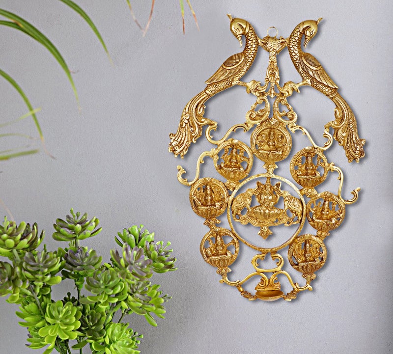 ARTVARKO Brass Ashtalakshmi | Ashta Lakshmi Diya with Peacock Wall Hanging for Diwali Pooja Mandir Temple Office Décor Gift Gold Color Height 18 Inch - Image 5
