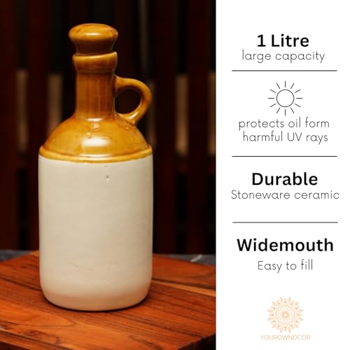 KITDECO Ceramic Oil Dispensers, 1L, 1 Piece, Off-White, Brown for Kitchen (Ceramic 1 Dispenser with lid) |100% Food & Microwave Safe|Ideal for Storage of Cooking Oil, Vinegar| Ideal for Gift - Image 3